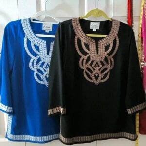 Two classy designer embroidered tunics, *XS & S, like new. Price for both
